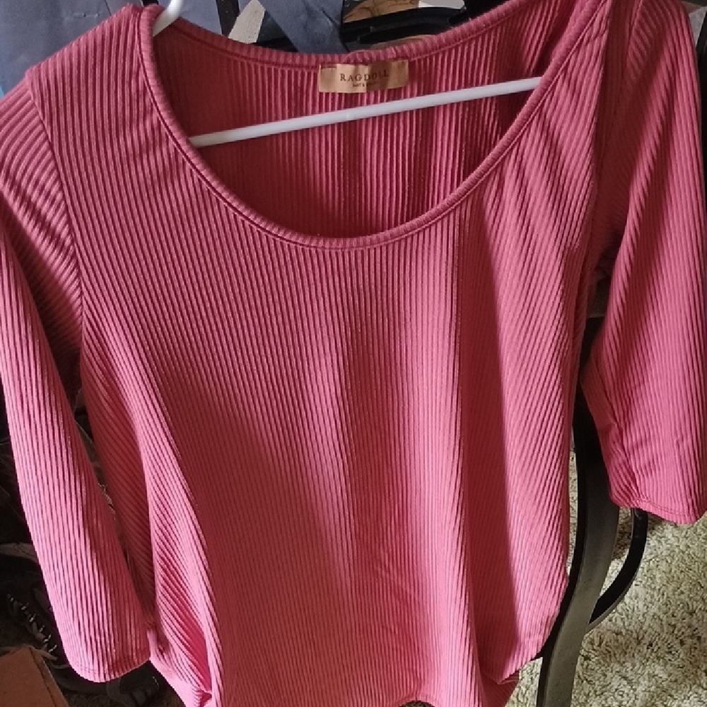 Ragdoll Ribbed Scoop Neck Long Sleeve Top — Rose Pink